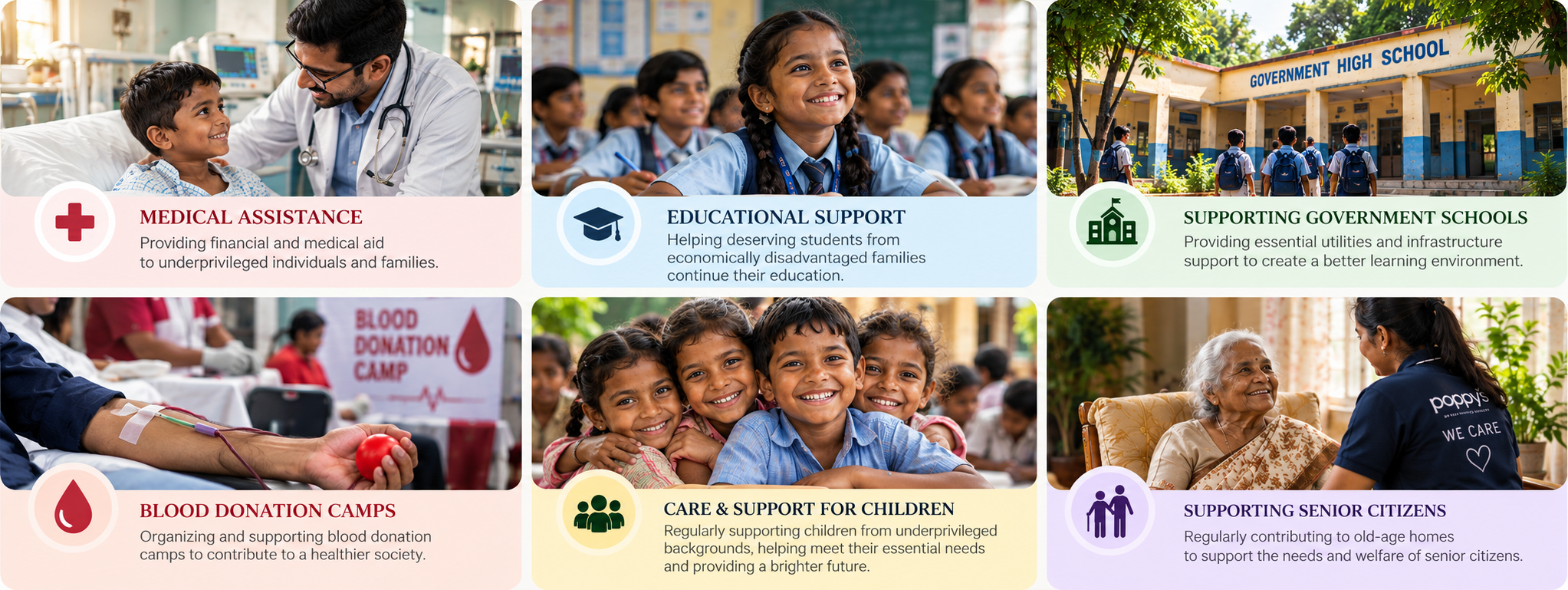 Poppys CSR initiatives: medical assistance, educational support, government school support, blood donation camps, care for children and support for senior citizens