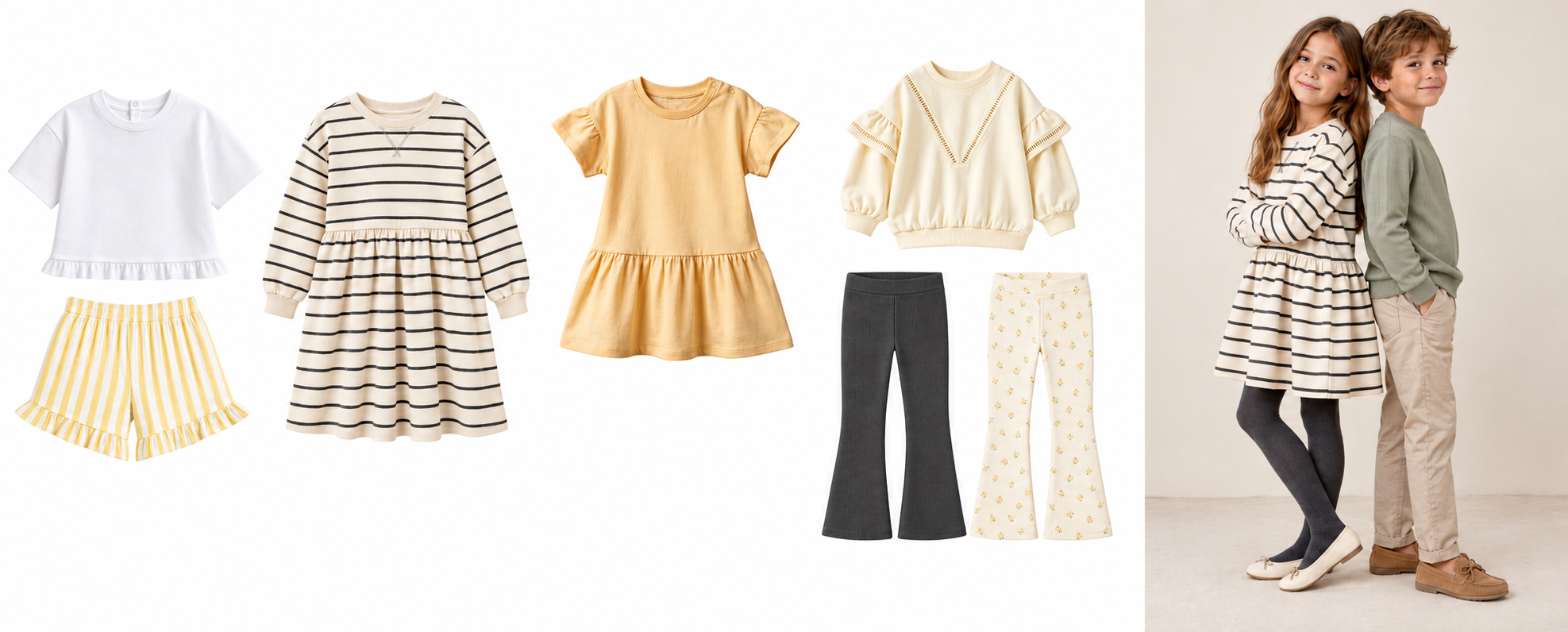 Children's fashion lookbook with coordinated clothing and a girl and boy wearing the collection