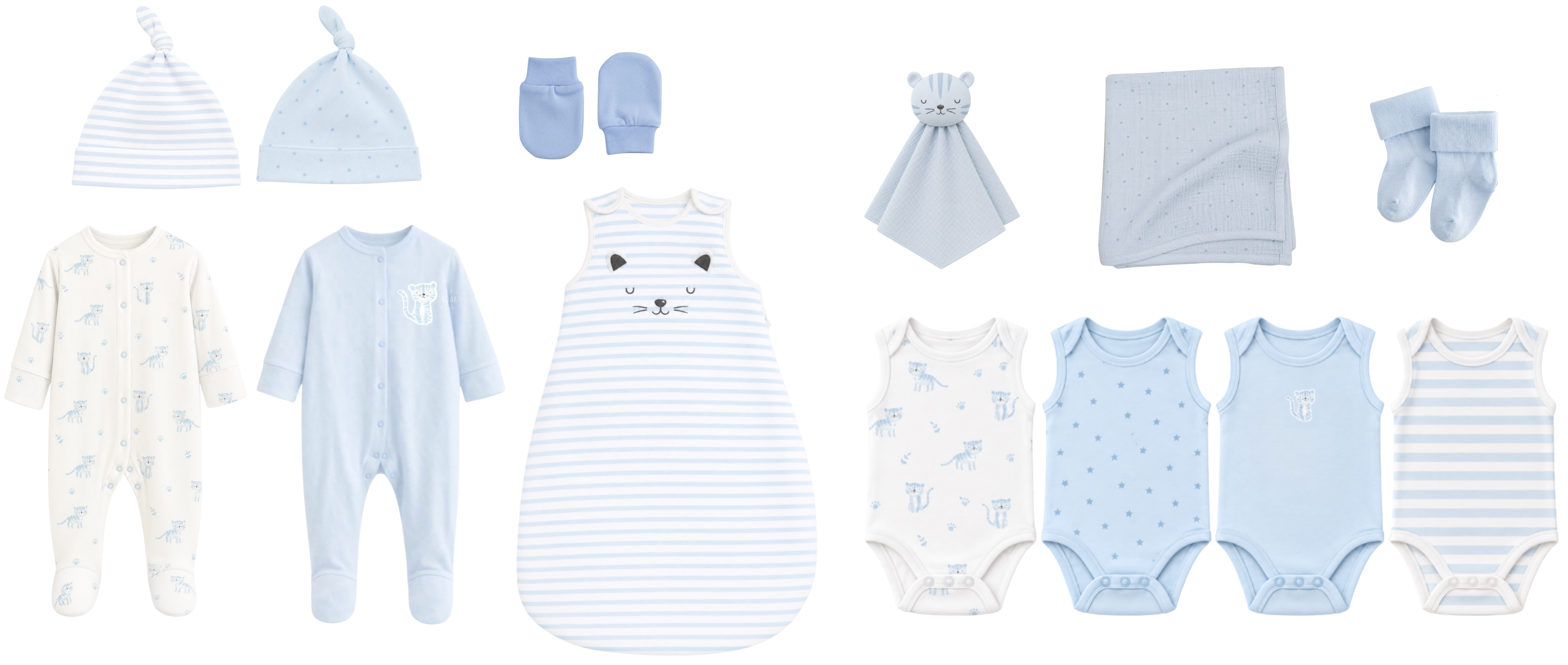 Newborn collection of bodysuits, sleepsuits, sleep bags, blankets, socks, gift sets and accessories