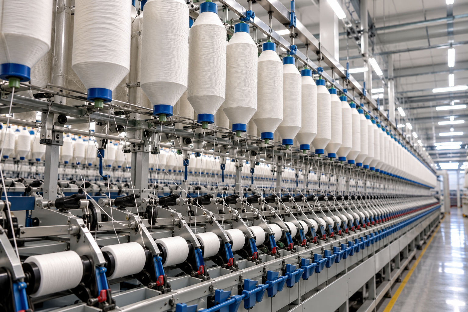 Textile spinning line with rows of yarn cones